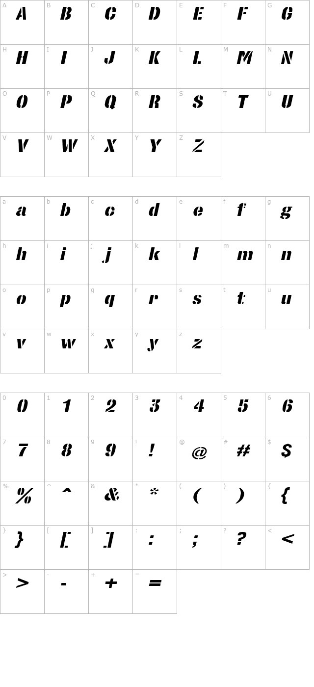 stencilsetextended-oblique character map