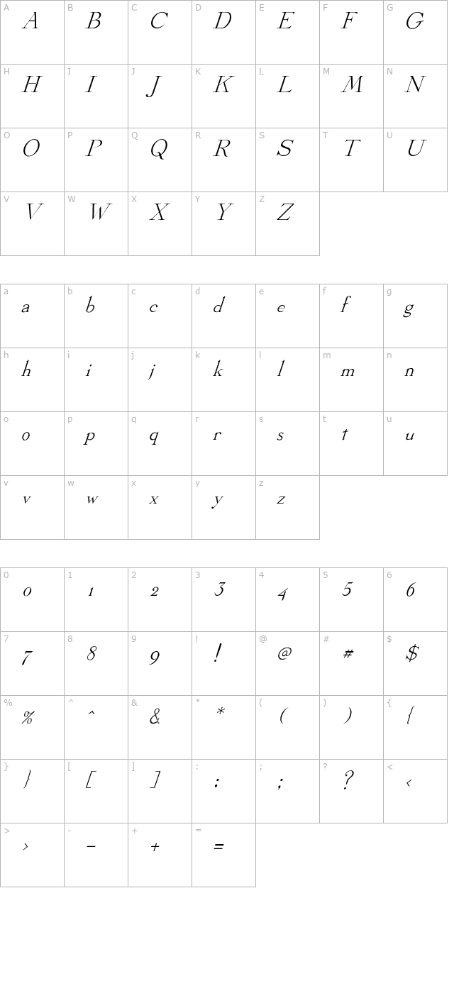 stickee-italic character map