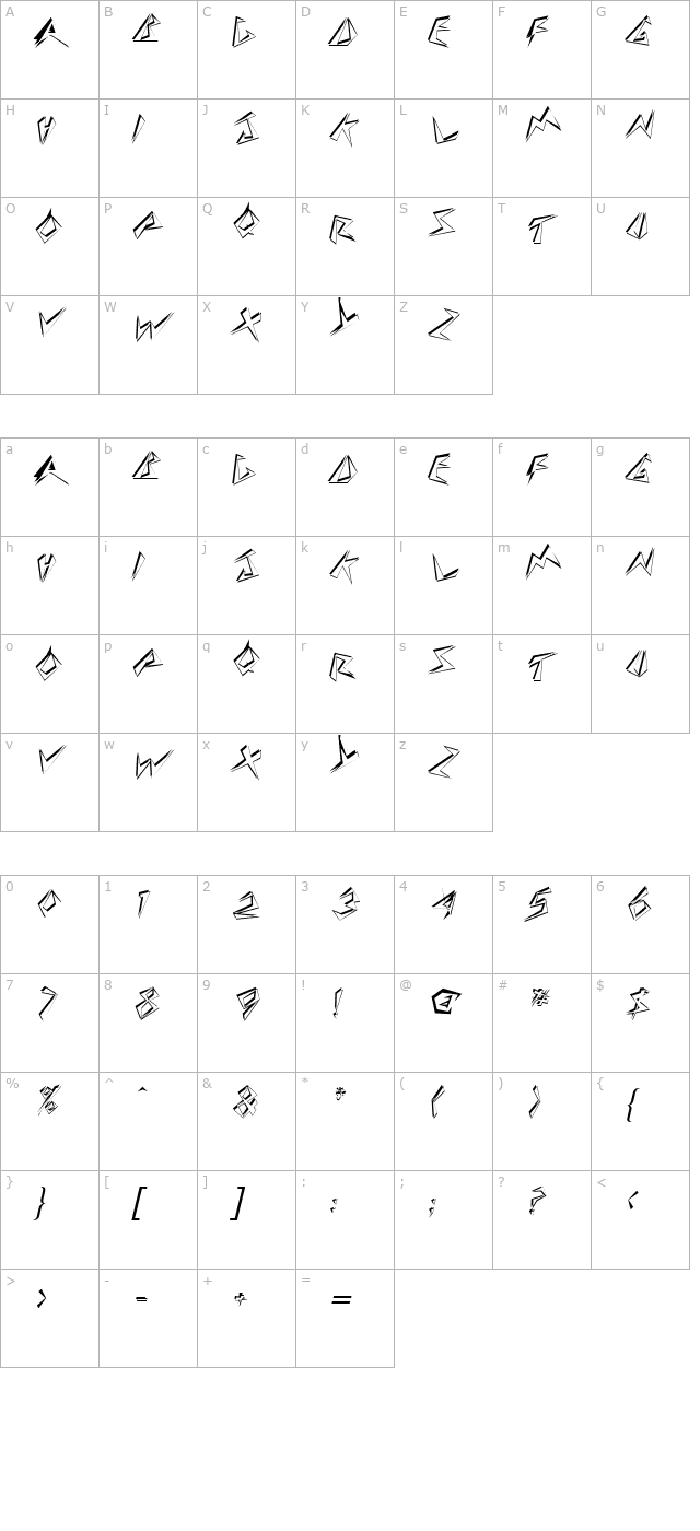 StingerShadowSkewed Regular character map