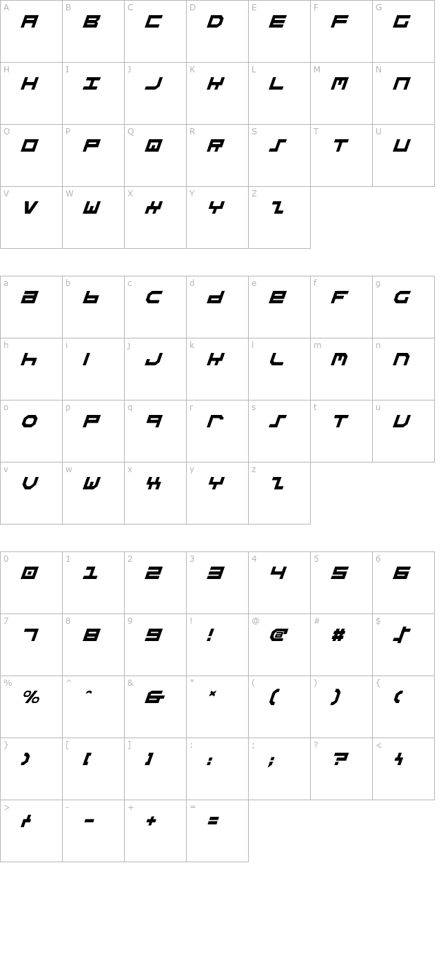 Stuntman Italic character map