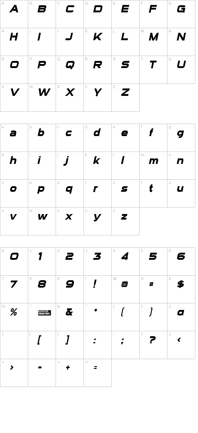 Sui Generis Bold Italic character map