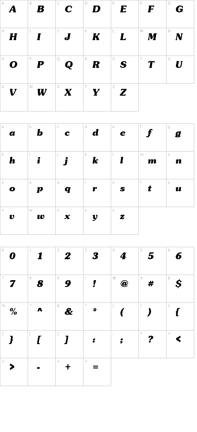 sunsetlh-bold-italic character map