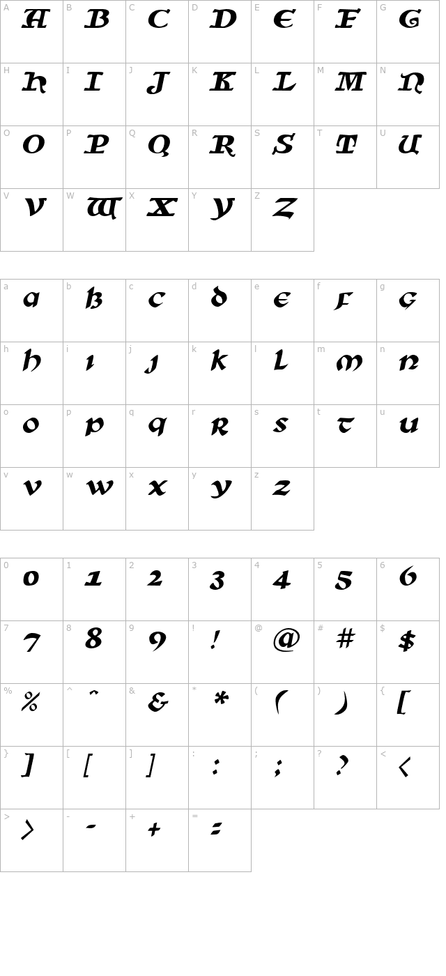 SunSplash Italic character map