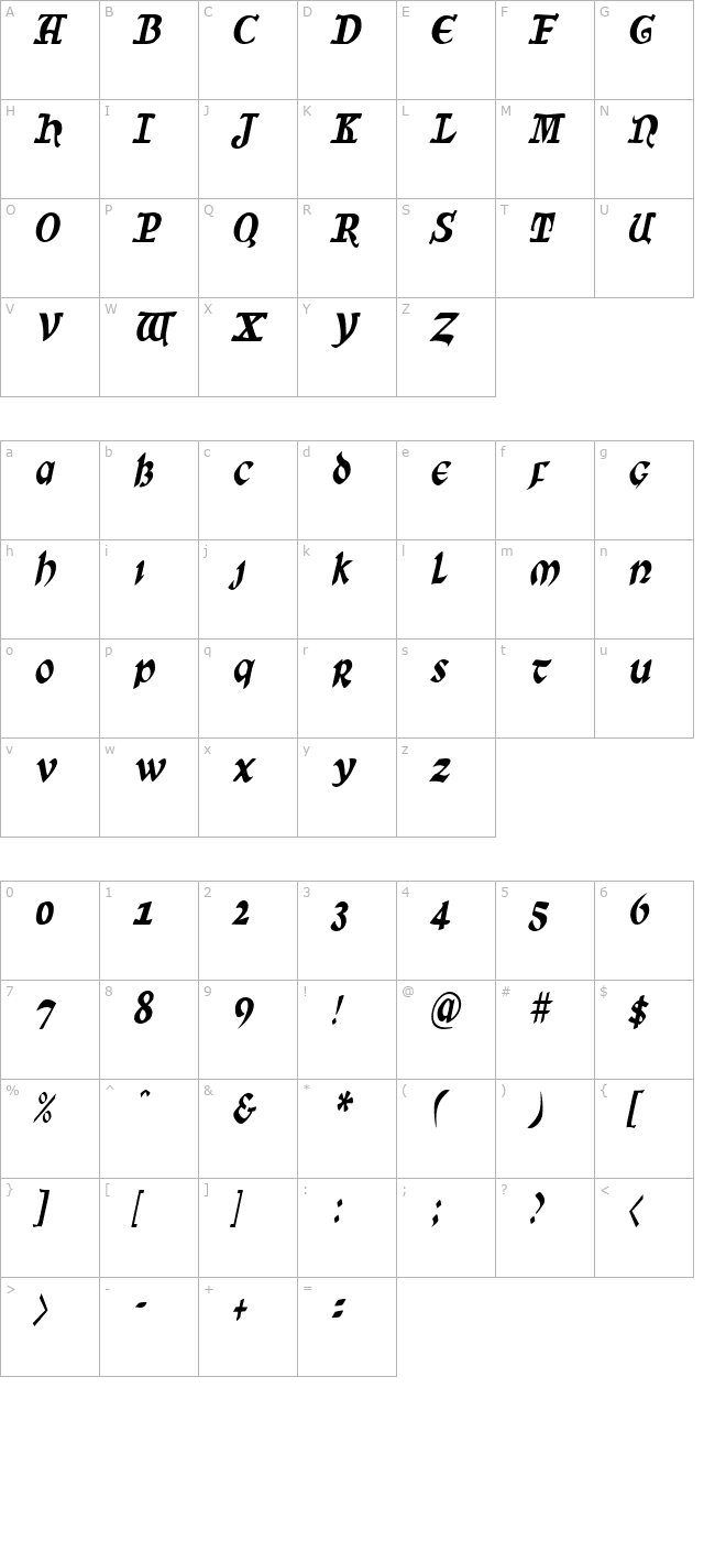 sunsplashcondensed-italic character map