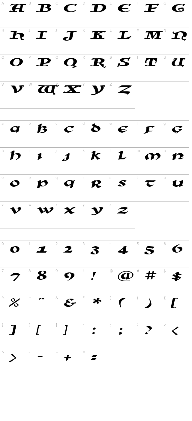 SunSplashExtended Italic character map