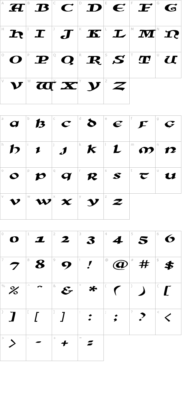 sunsplashextended-italic character map