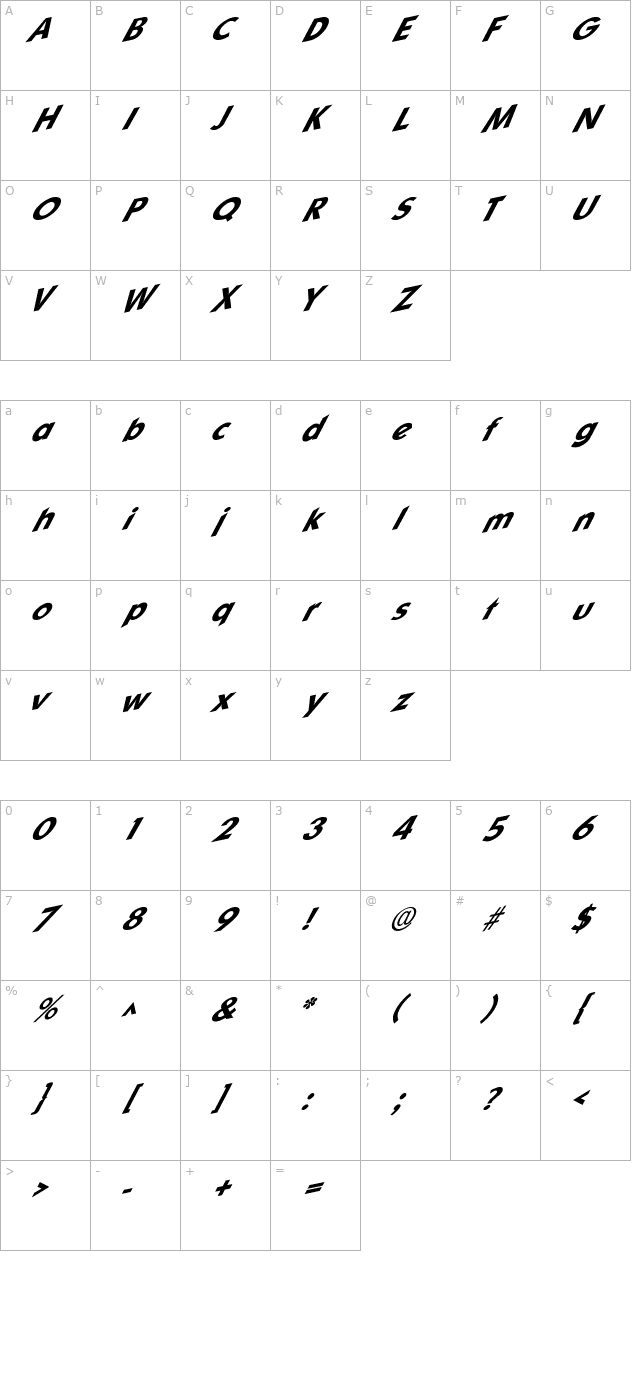 Superfly SF Bold Italic character map