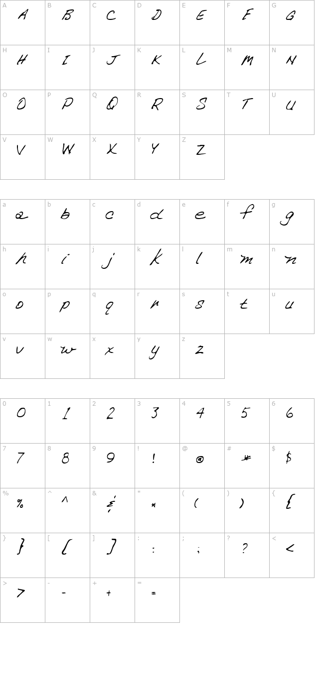 SusansHand Regular character map