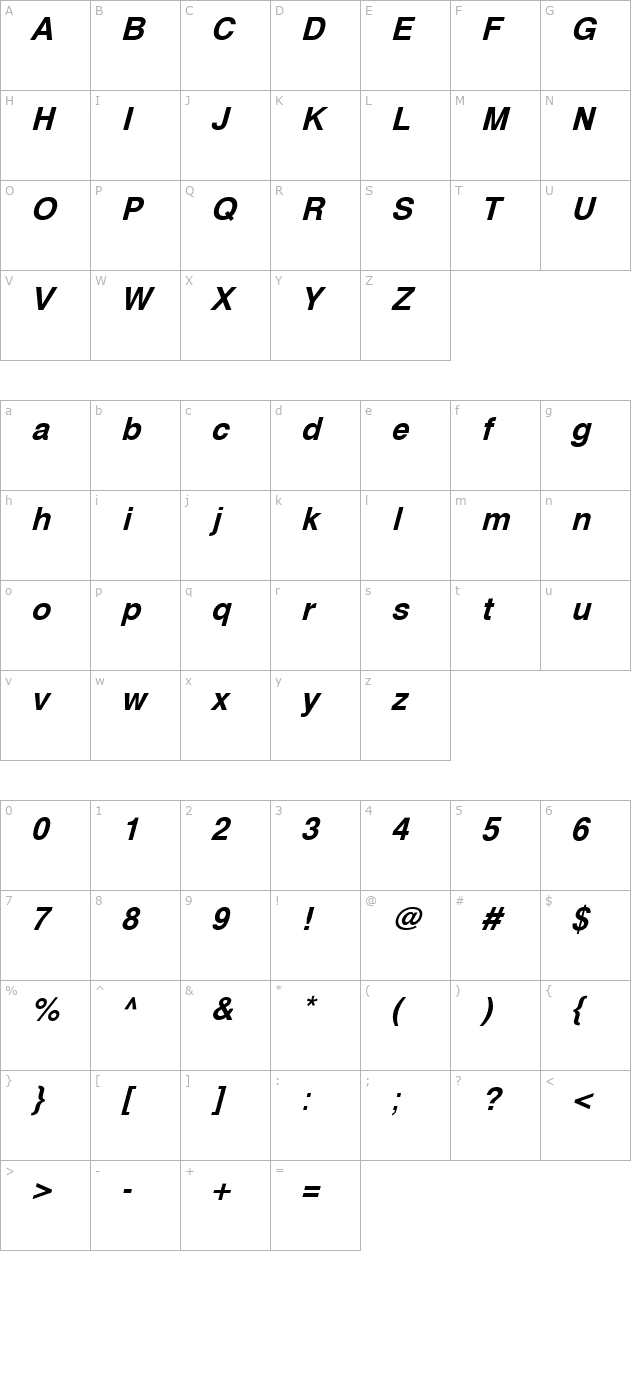 svoboda-bold-italic character map