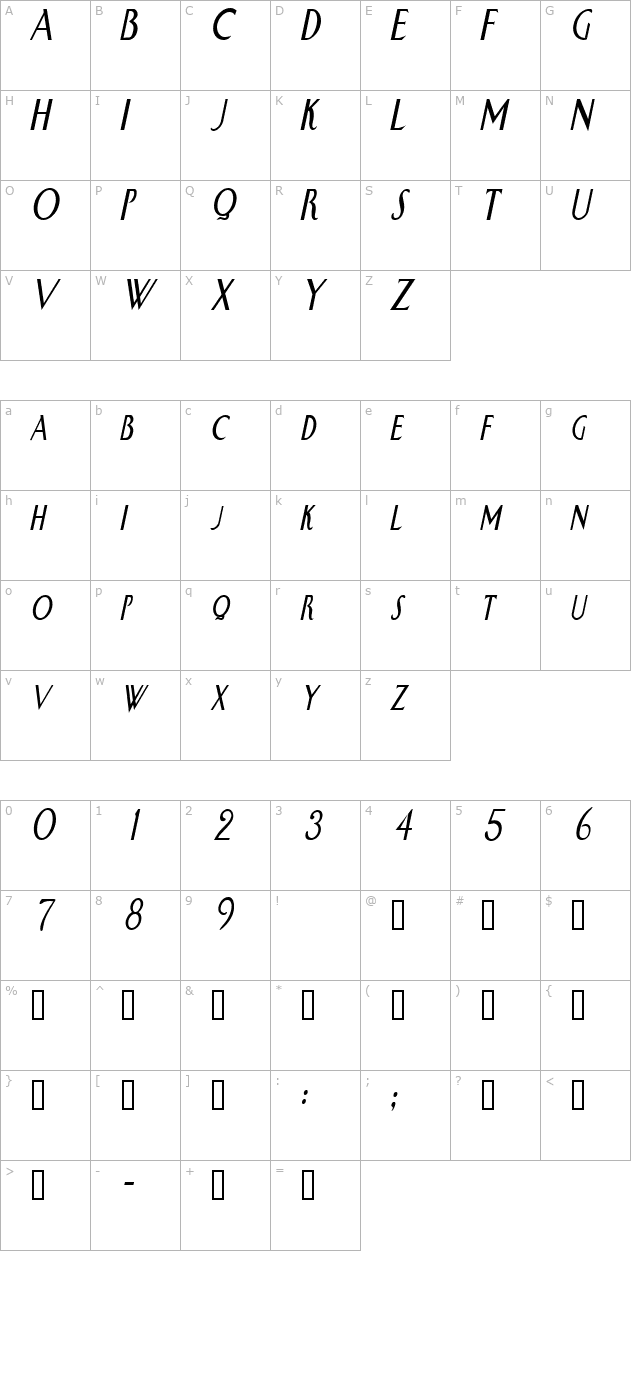 SwanCondensed Italic character map