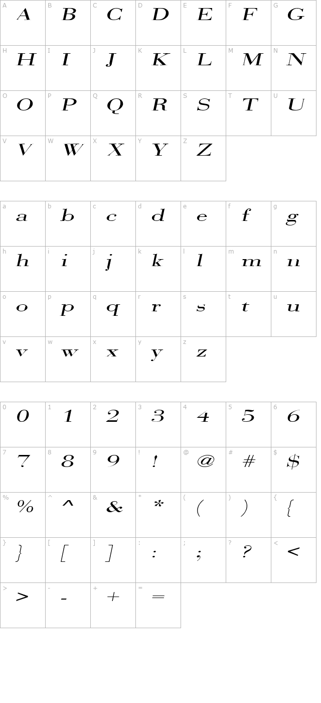 SweezExtended Italic character map