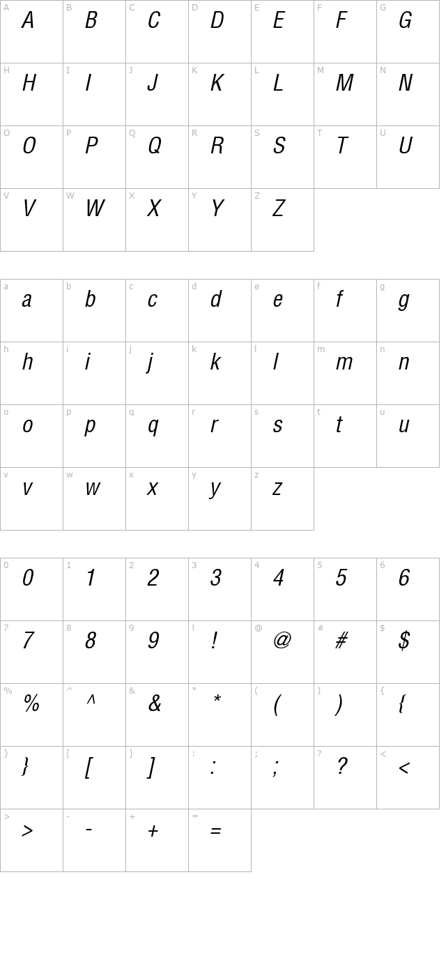 Switzerland Condensed Italic character map