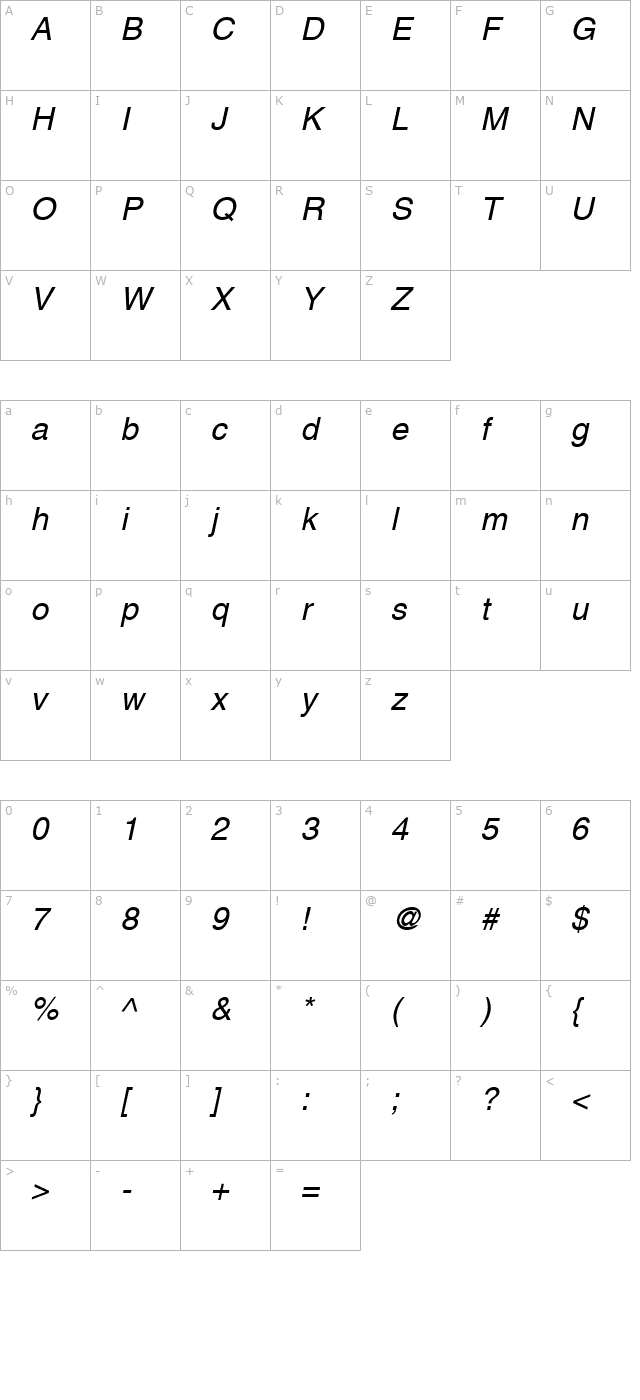 switzerland-italic character map