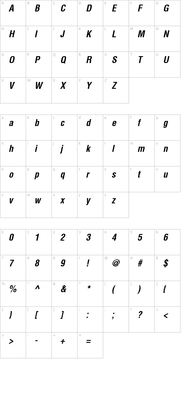 switzerlandcondensed-bold-italic character map