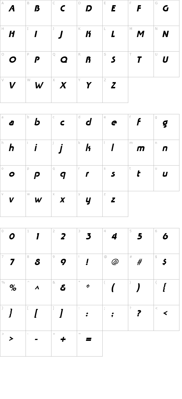 Tabatha Italic character map