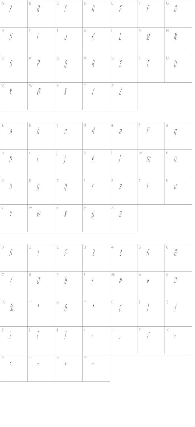 Tall Films Oblique character map