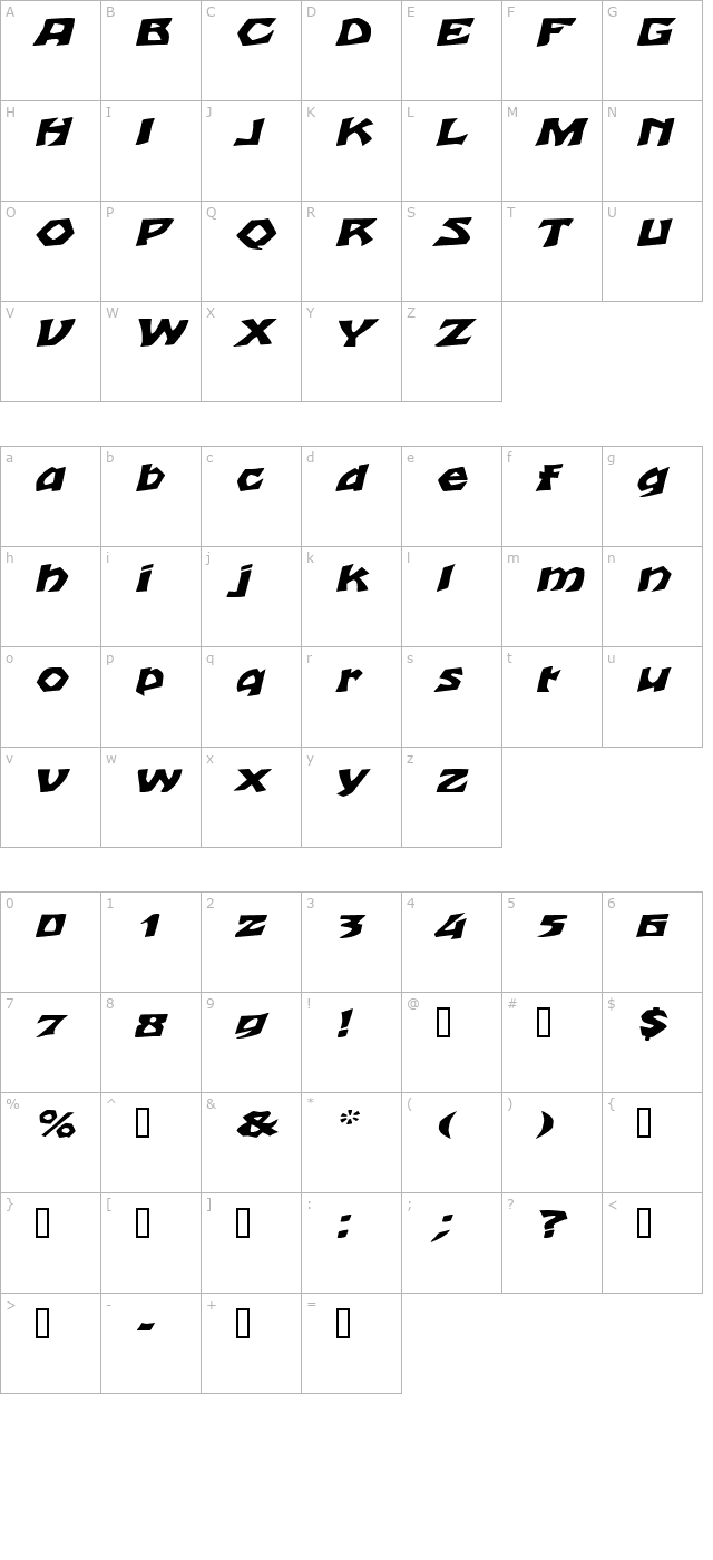 TalonExtended Italic character map