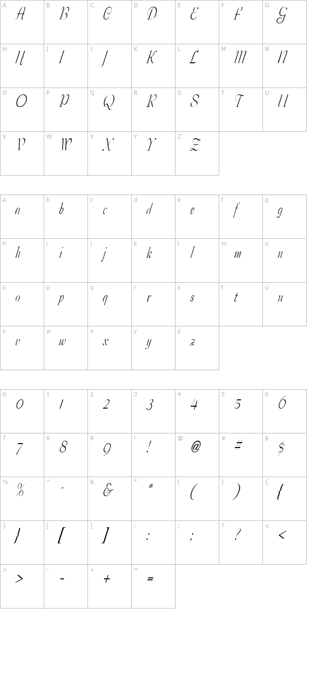 Tango Condensed Italic character map