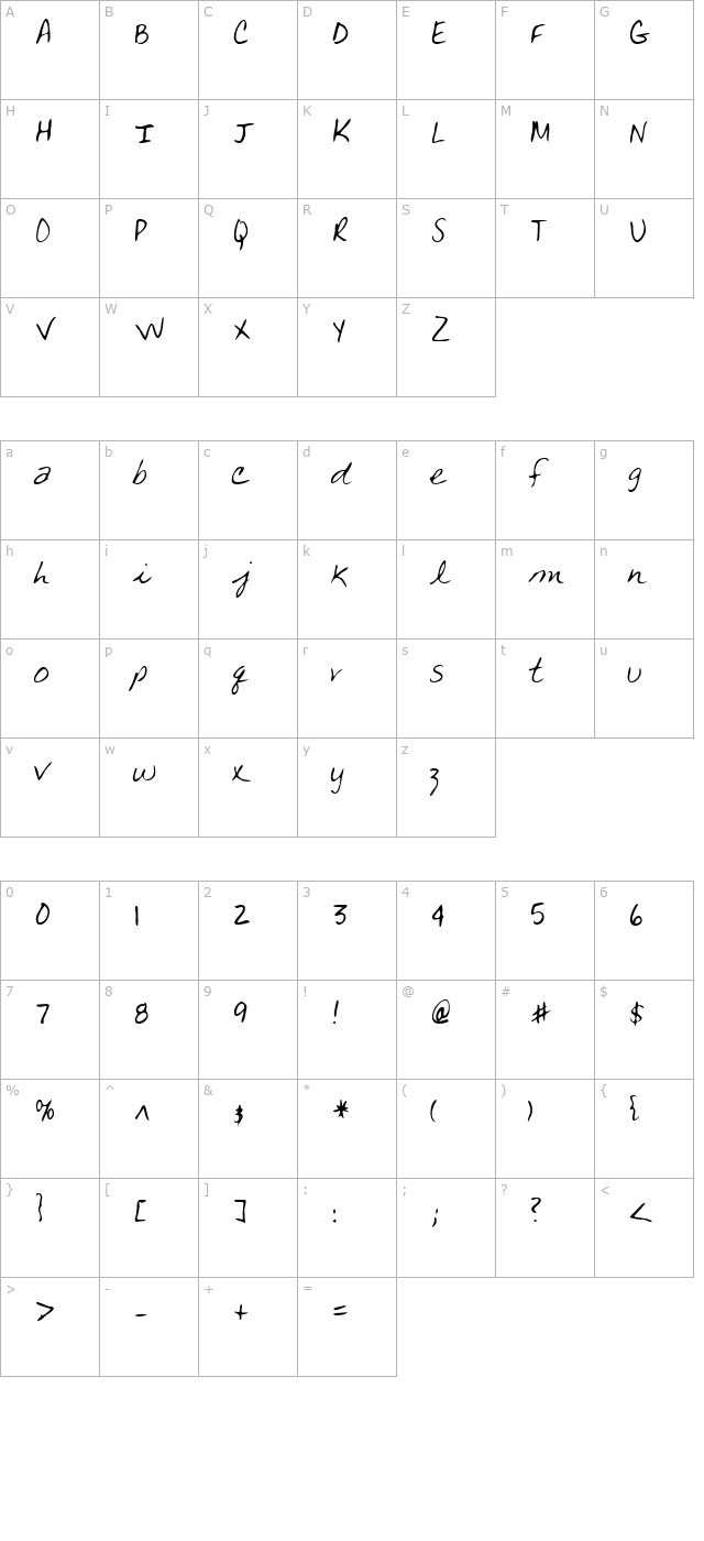 TanyasHand Regular character map