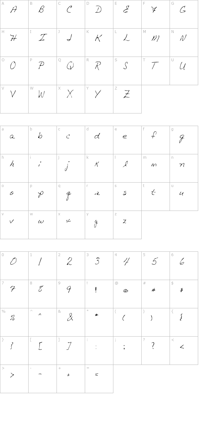 TashasHand Regular character map