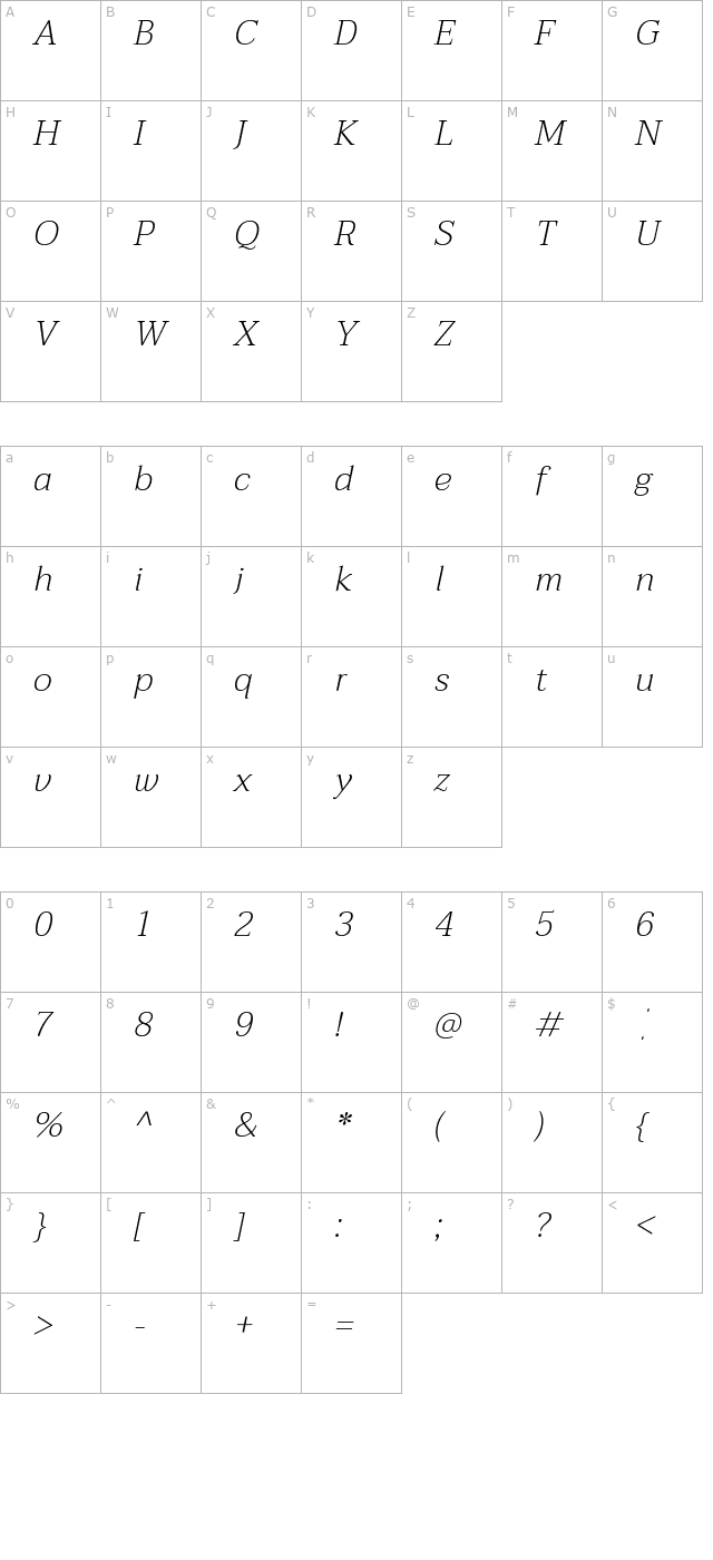 taviraj-extralight-italic character map