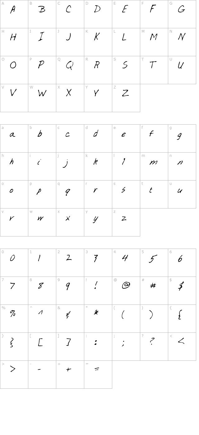 taylorshand-regular character map