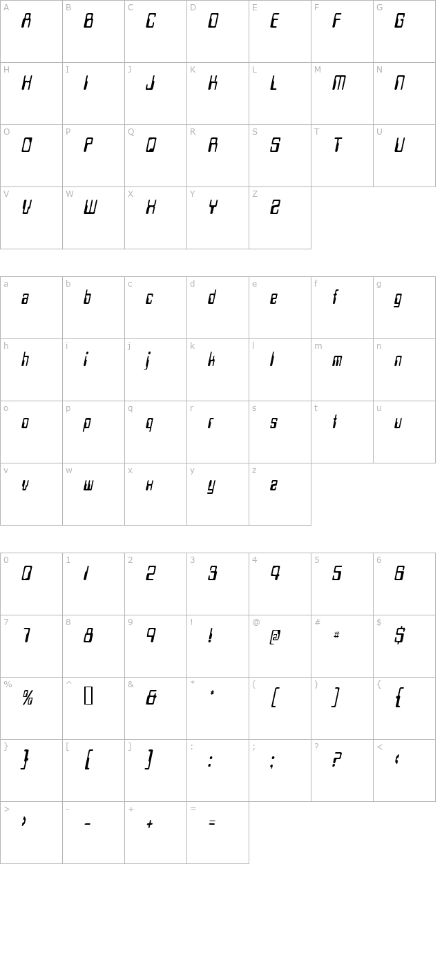 techschoolcondensed-oblique character map