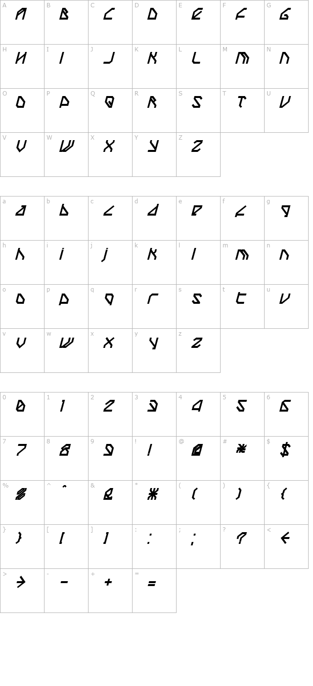 TechstepBlack Oblique character map