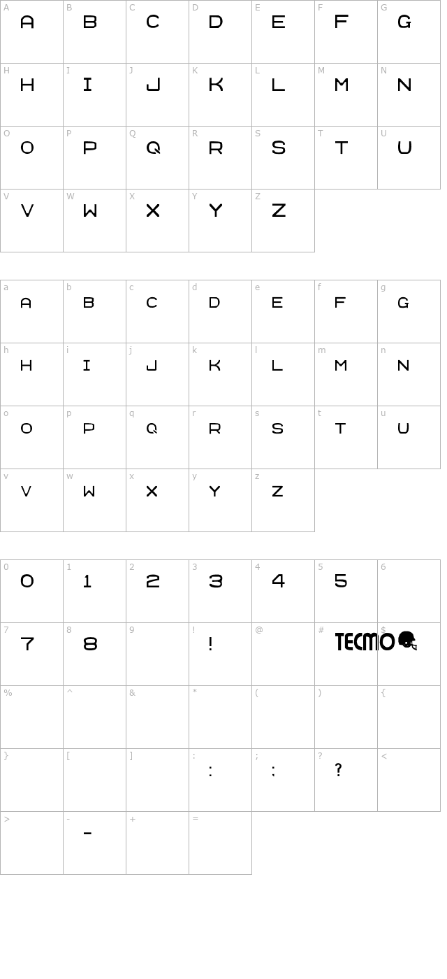 Tecmo Rounded AllCaps character map