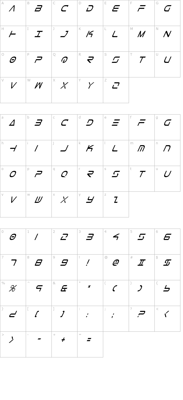 Tele-Marines Condensed Italic character map