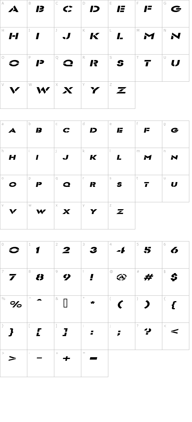 Templett Extended BoldItalic character map