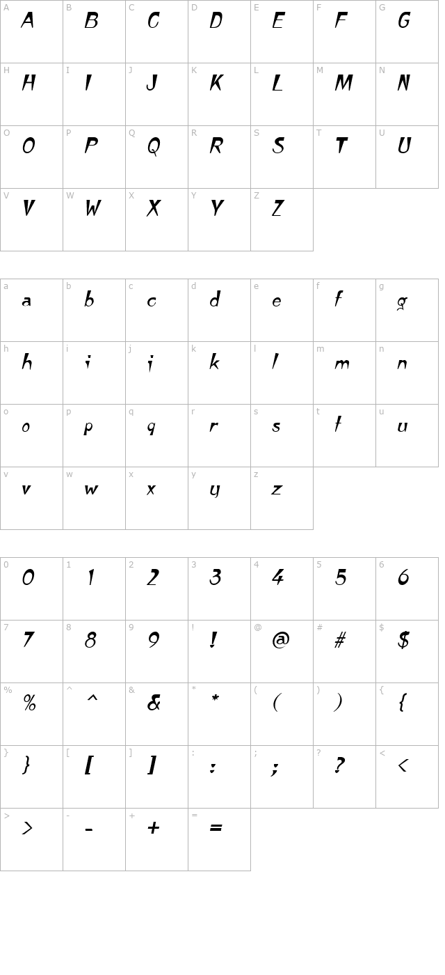 Tempura Italic character map