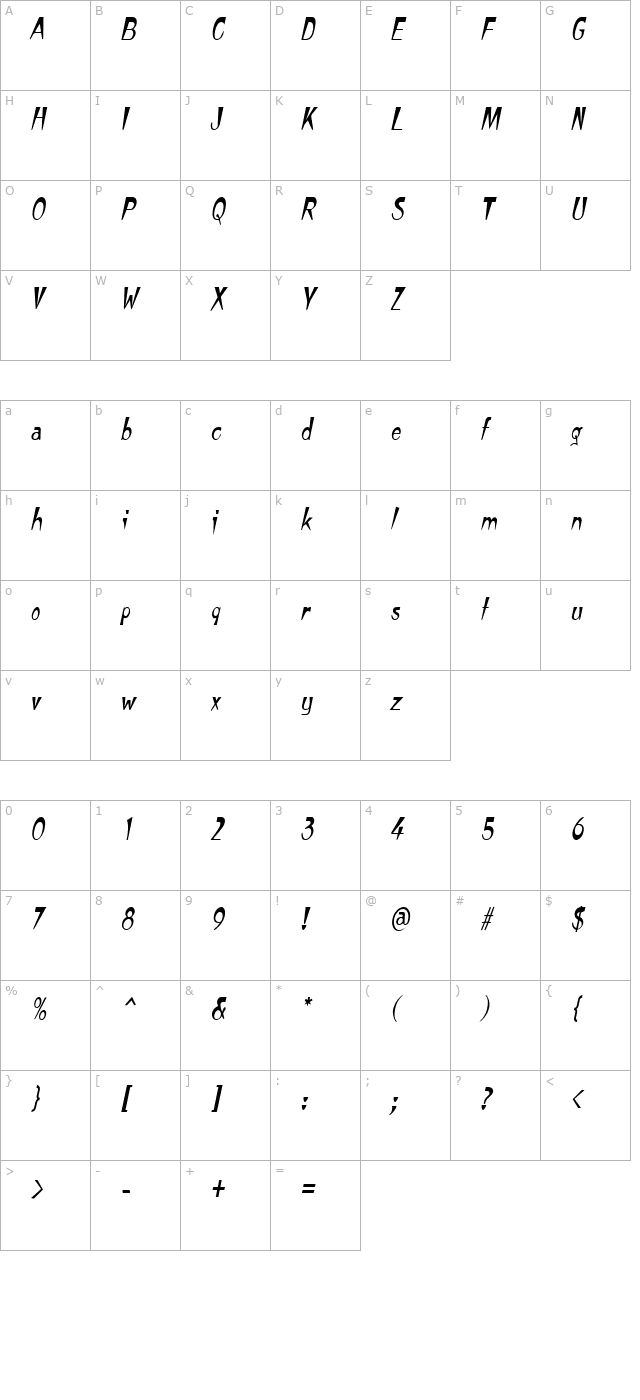 TempuraNarrow Italic character map