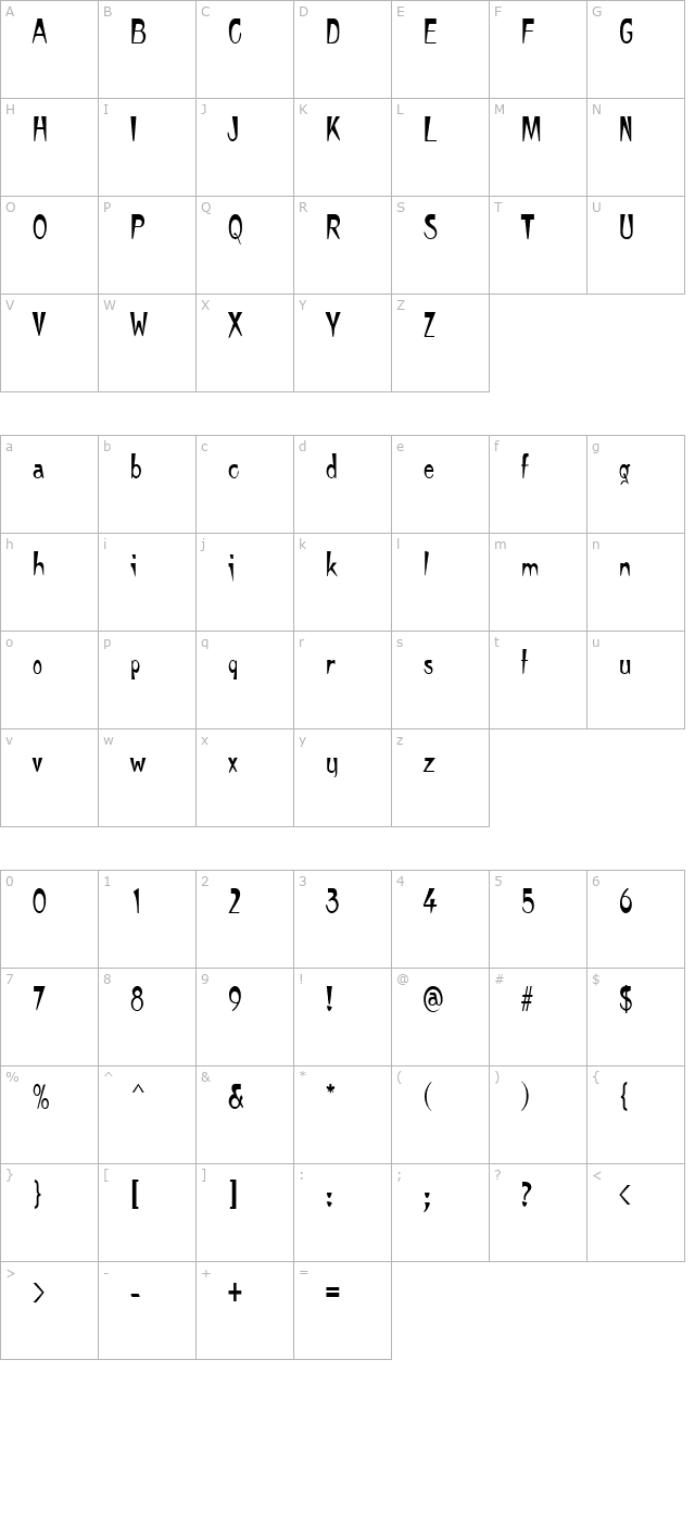 TempuraNarrow Regular character map