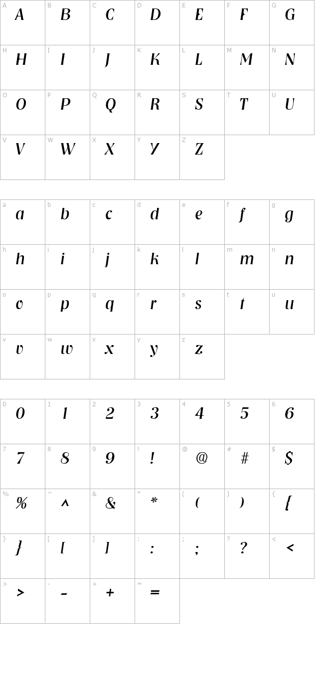 Tennessee SF Italic character map