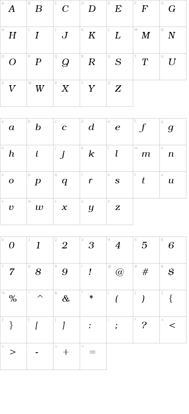 Textbook Light Italic character map