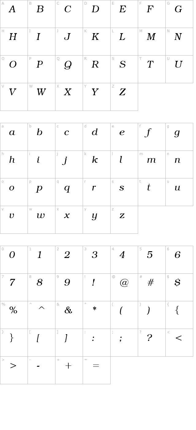 textbook-light-italic character map