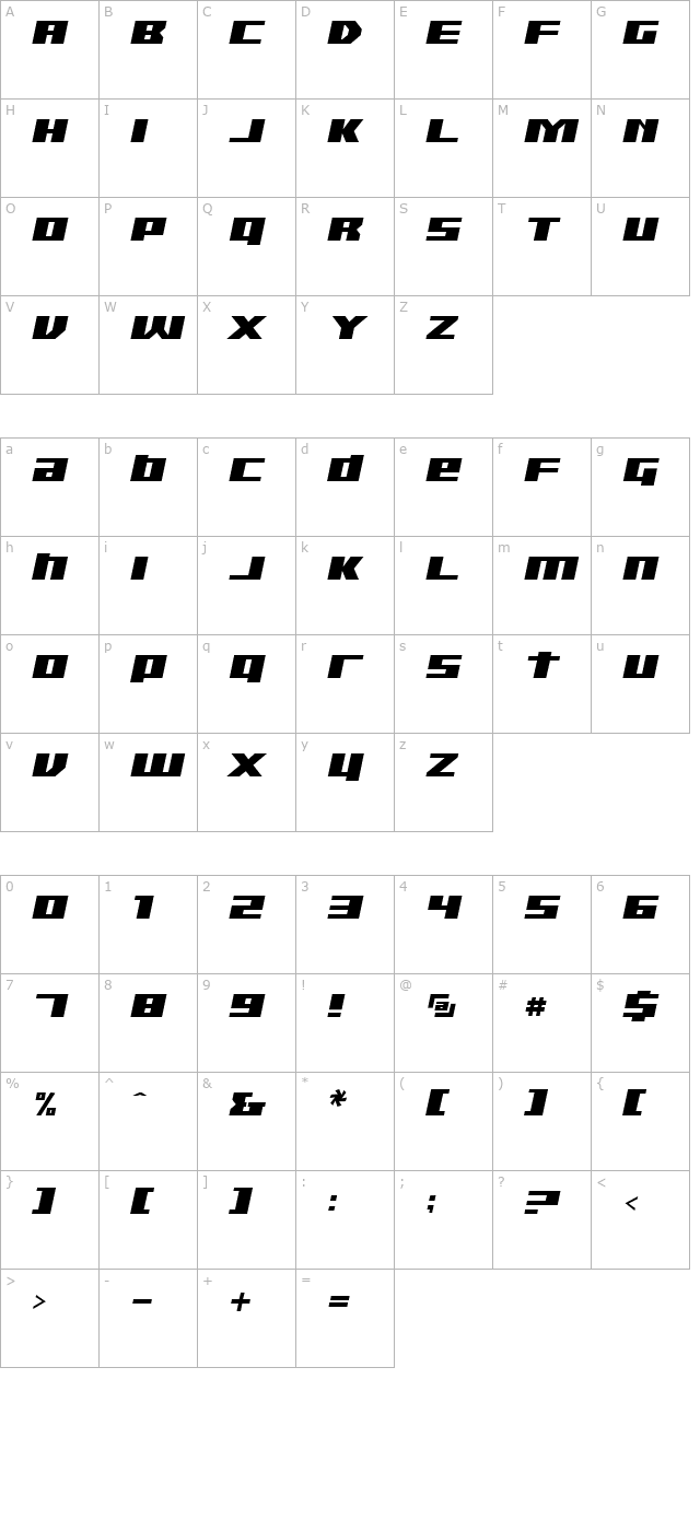 TGR 3.0 E Italic character map