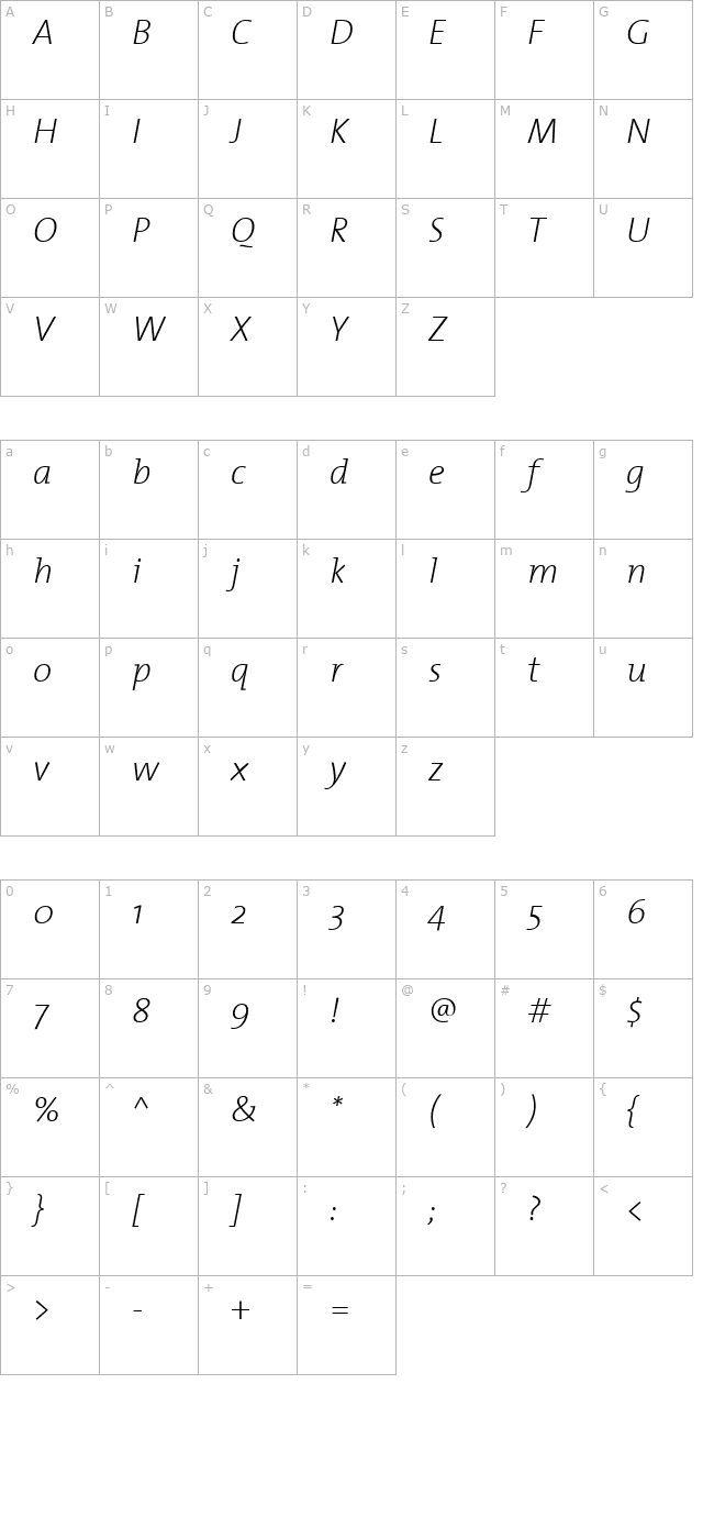 TheMix-ExtraLight Italic character map