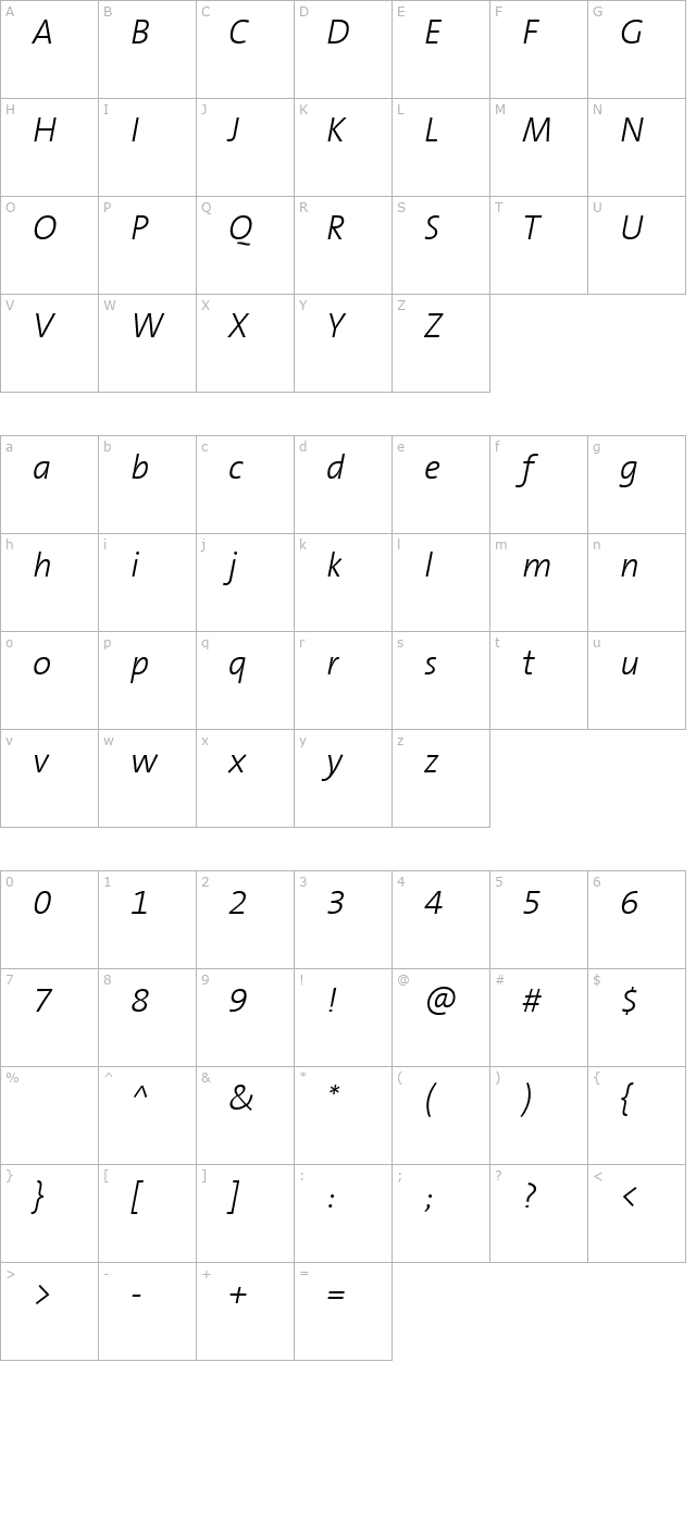 TheSans B3 Light Italic character map