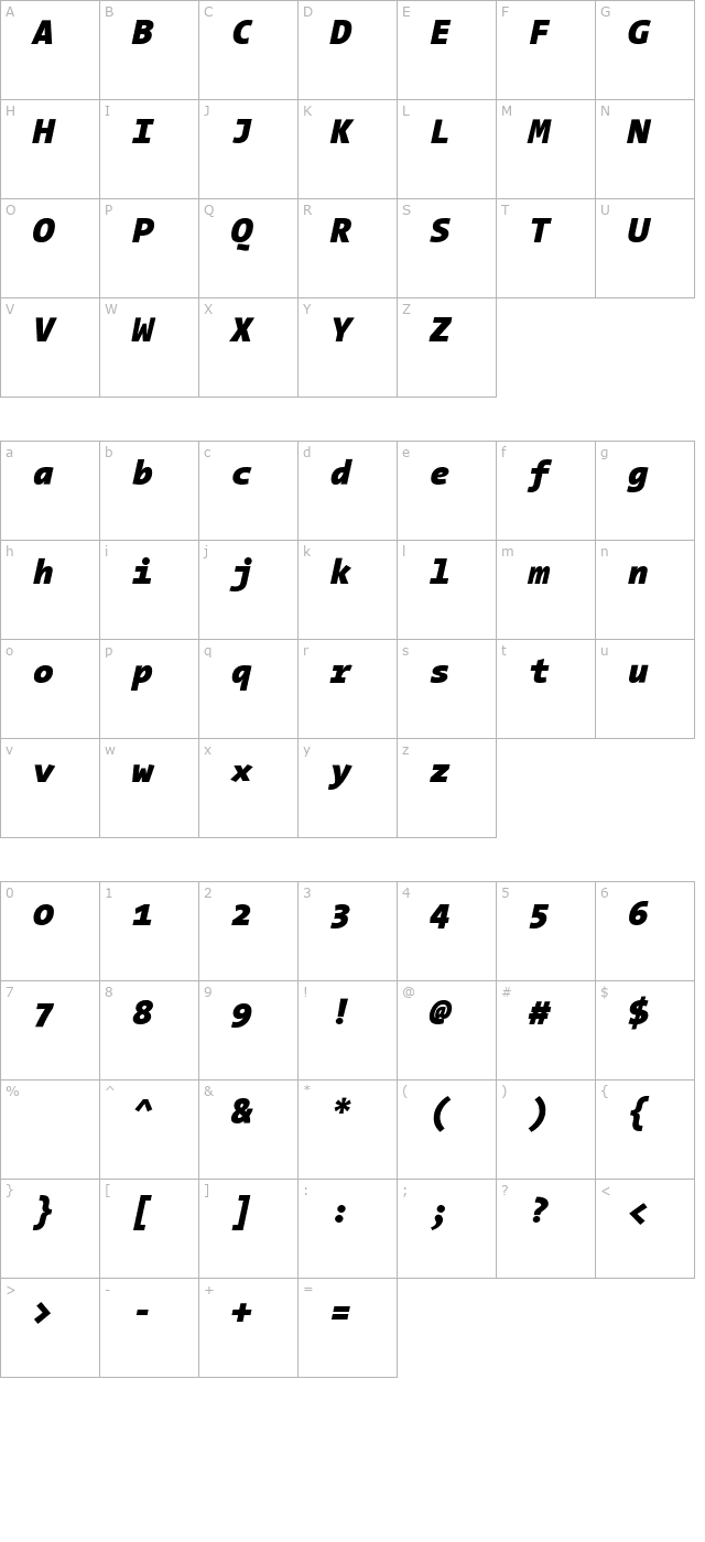 thesansmono-black-italic character map