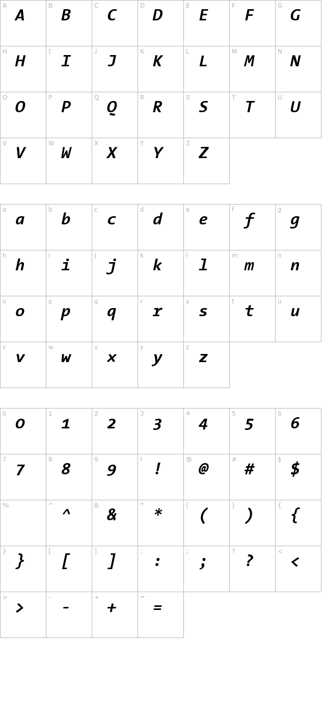 TheSansMono Bold Italic character map
