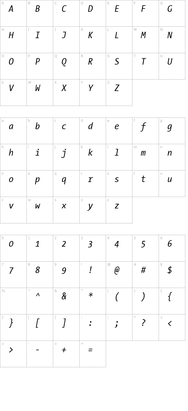 TheSansMonoCondensed Italic character map