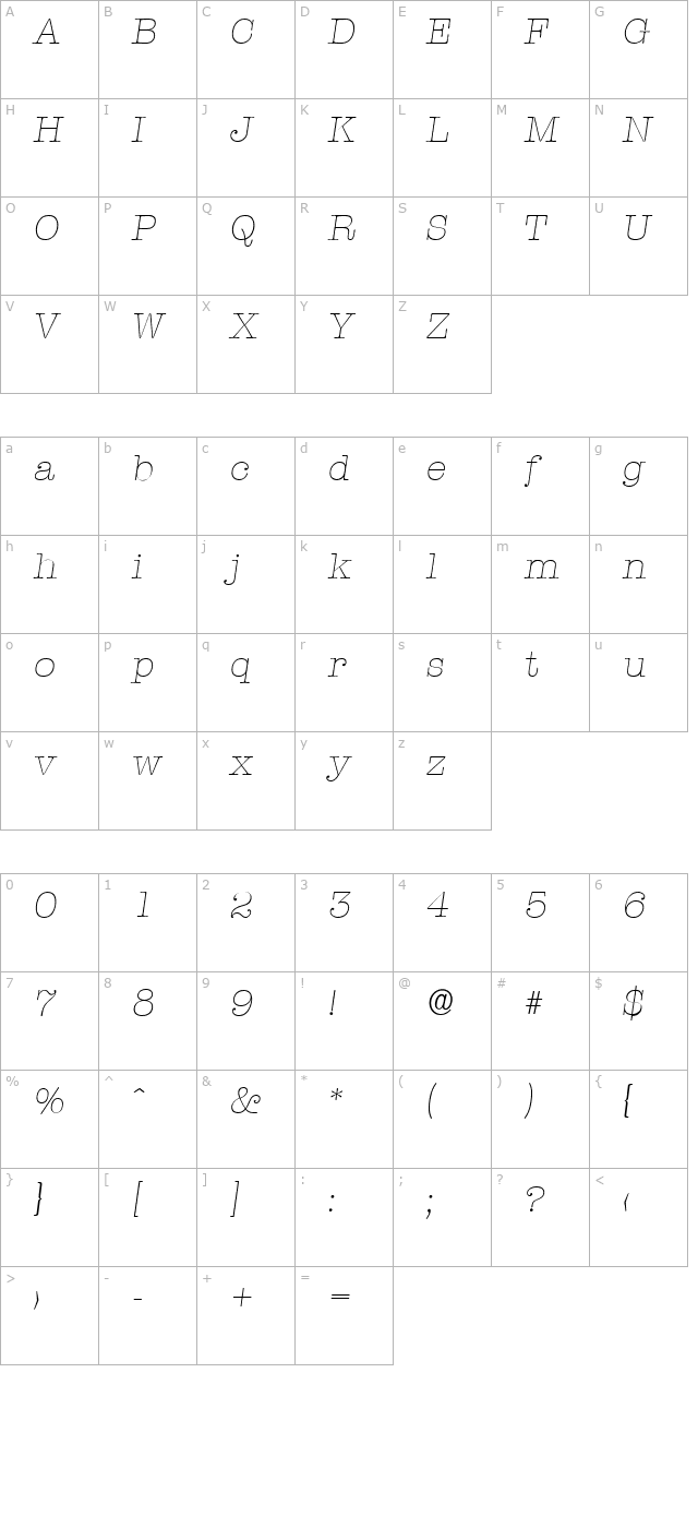 ThorBecker-ExtraLight Italic character map