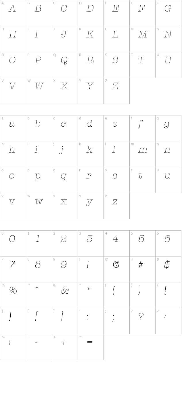 thorbecker-extralight-italic character map