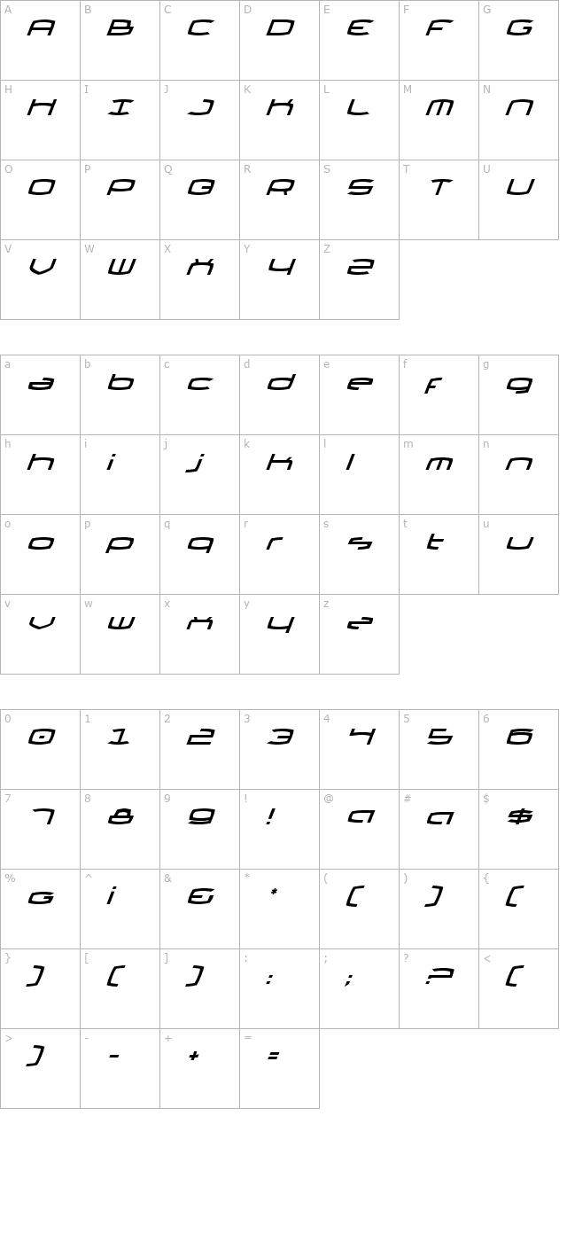 Thundergod II Italic character map