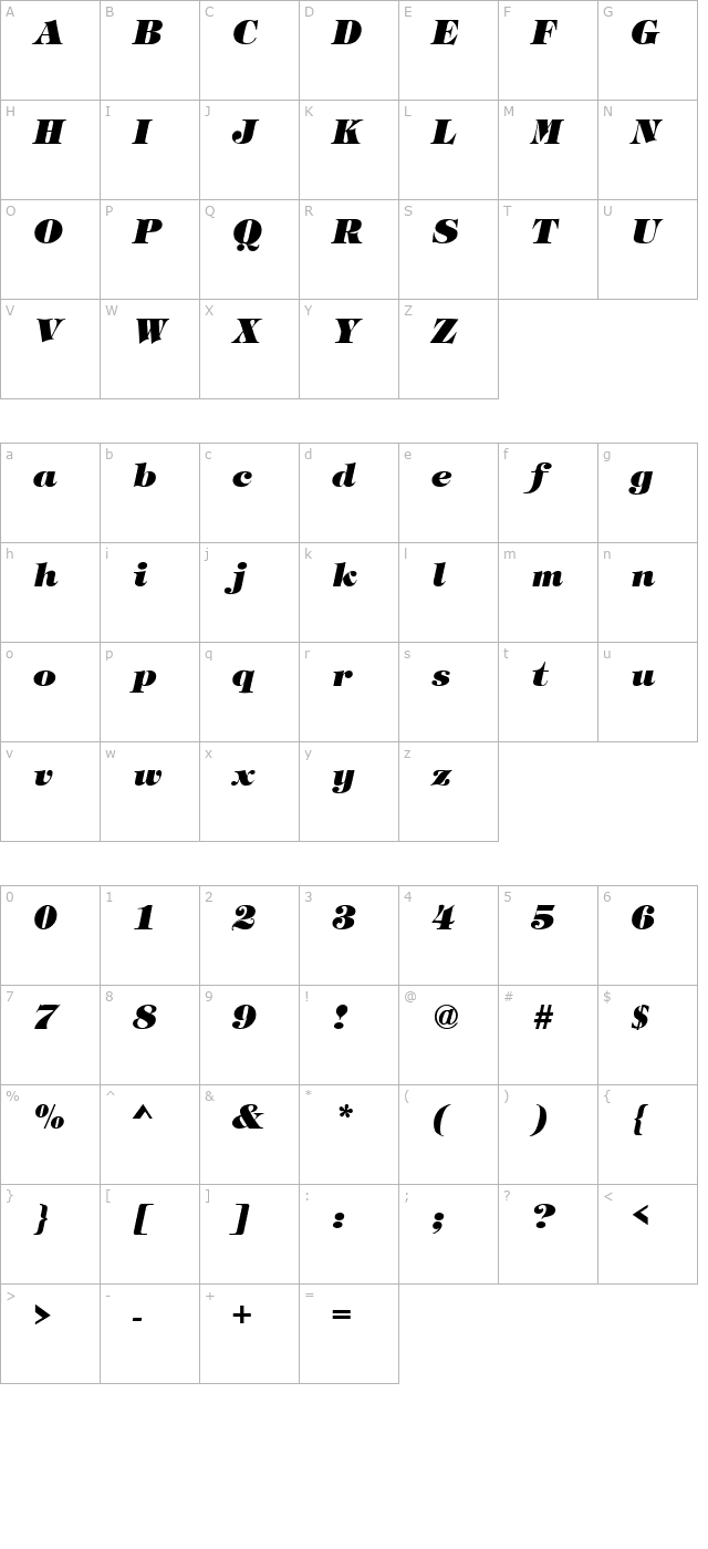 TiffanyLH Bold Italic character map