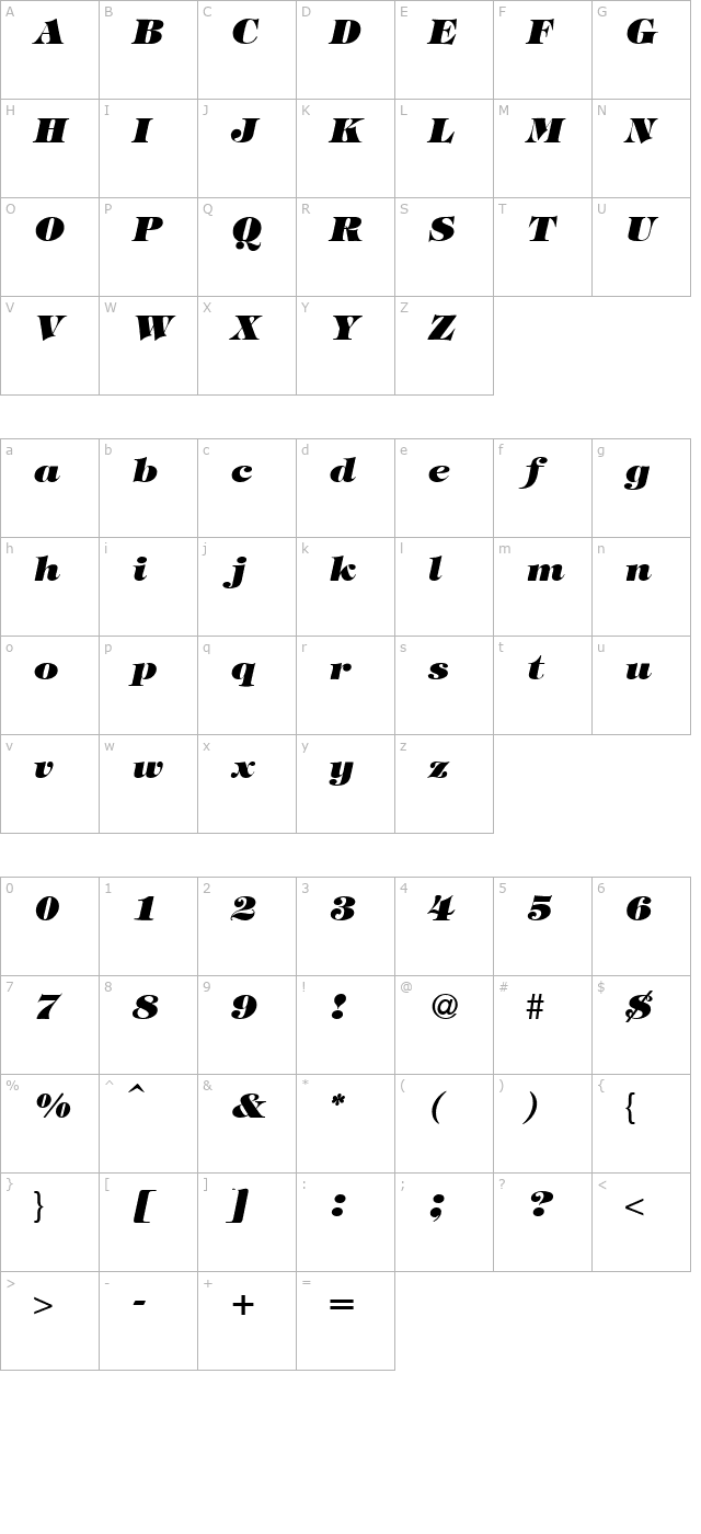 tiffanytwoheavy-regularitalic character map