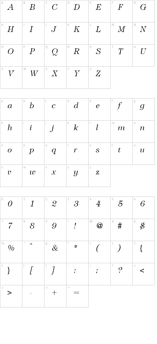 TiffanyTwoLight-RegularItalic character map