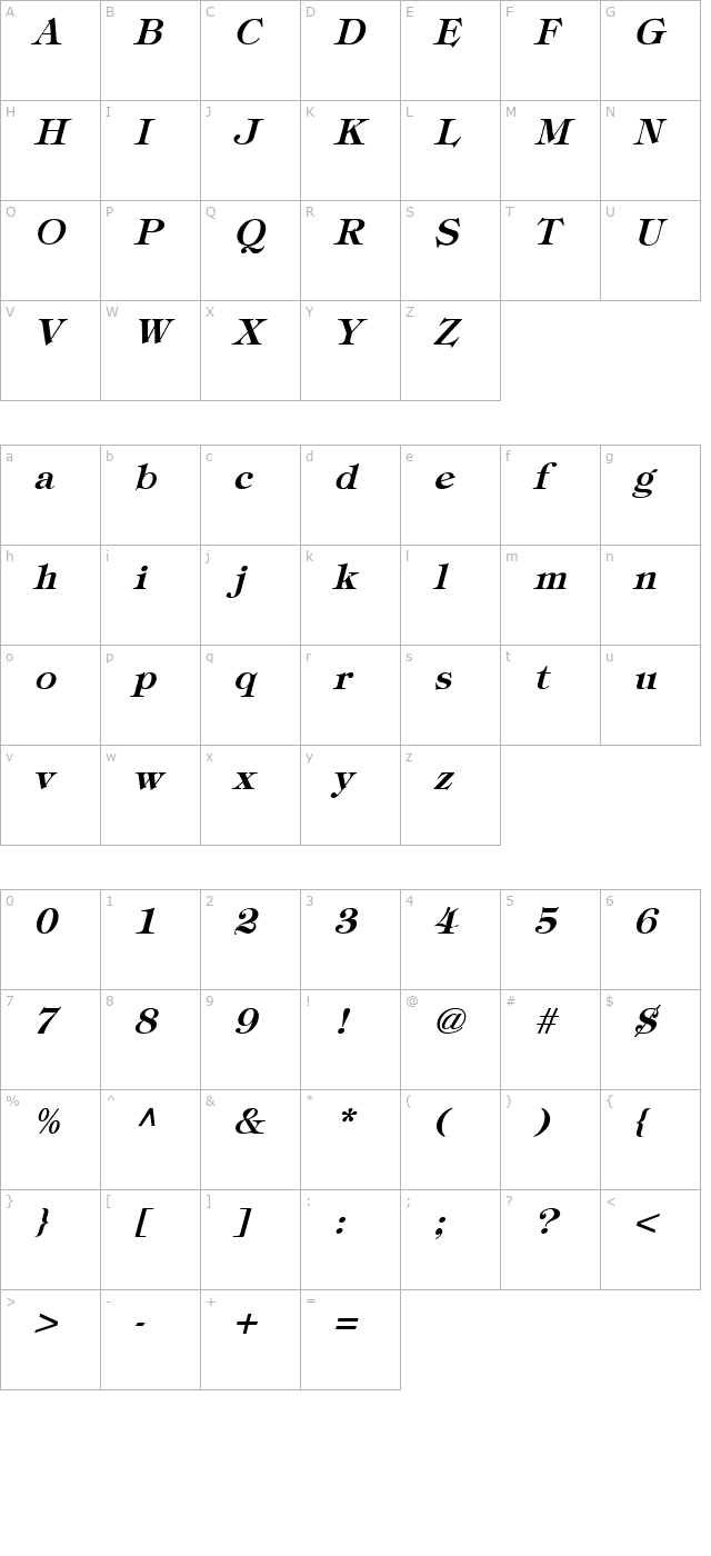 Tiffey Bold-Oblique character map